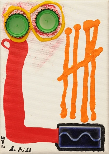 bottle cap eyes, mixed media,